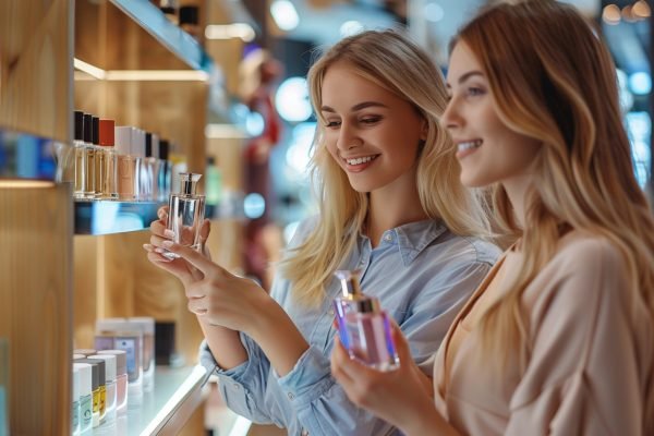 beautiful blonde woman with a perfume bottle in a store.